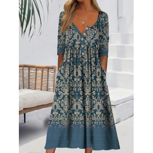 Women Floral Half Sleeve Summer Printing Dress Half Open Collar Daily Casual Maxi A-Line Dress