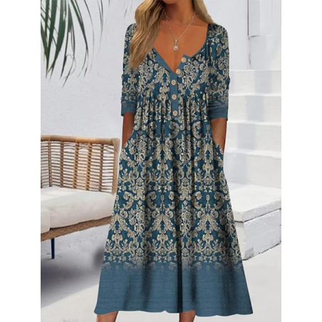 Women Floral Half Sleeve Summer Printing Dress Half Open Collar Daily Casual Maxi A-Line Dress