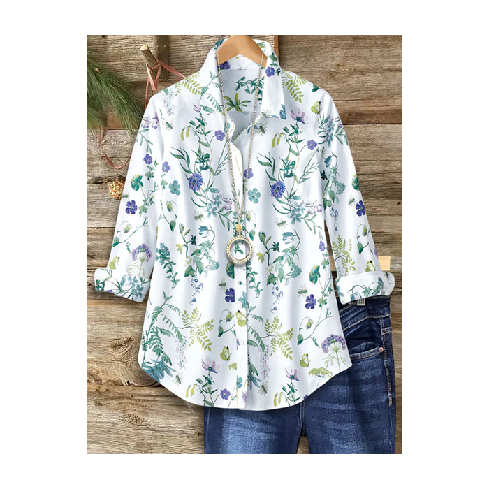 Women Floral Shirt Collar Long Sleeve Shirt Buckle Regular Sleeve Casual Daily Spring/Fall Top