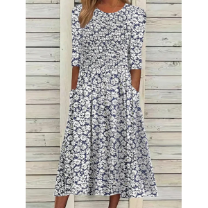 Women Floral Short Sleeve Summer Printing Dress Crew Neck Daily Casual Maxi Shift Dress H-Line Dress