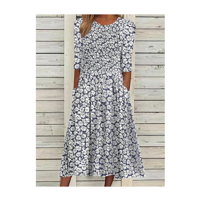 Women Floral Short Sleeve Summer Printing Dress Crew Neck Daily Casual Maxi Shift Dress H-Line Dress