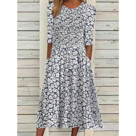 Women Floral Short Sleeve Summer Printing Dress Crew Neck Daily Casual Maxi Shift Dress H-Line Dress