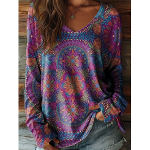 Women Floral Long Sleeve Tee T-shirt V Neck Printing Casual Graphic Tee Spring/Fall Top