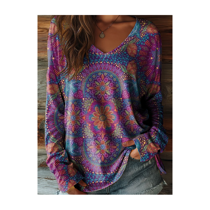 Women Floral Long Sleeve Tee T-shirt V Neck Printing Casual Graphic Tee Spring/Fall Top