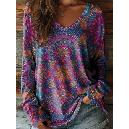 Women Floral Long Sleeve Tee T-shirt V Neck Printing Casual Graphic Tee Spring/Fall Top