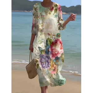 Women Floral Half Sleeve Summer Printing Dress Crew Neck Daily Casual Maxi H-Line Dress