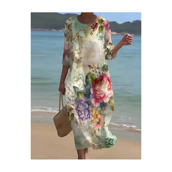 Women Floral Half Sleeve Summer Printing Dress Crew Neck Daily Casual Maxi H-Line Dress