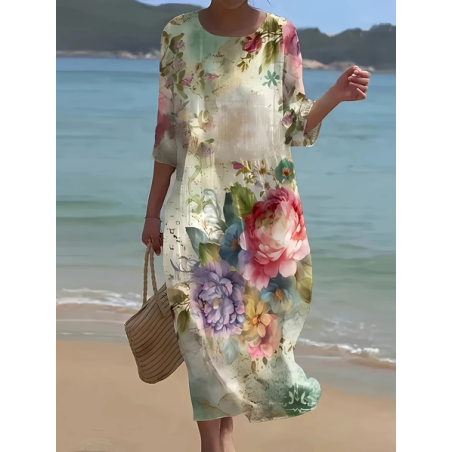 Women Floral Half Sleeve Summer Printing Dress Crew Neck Daily Casual Maxi H-Line Dress