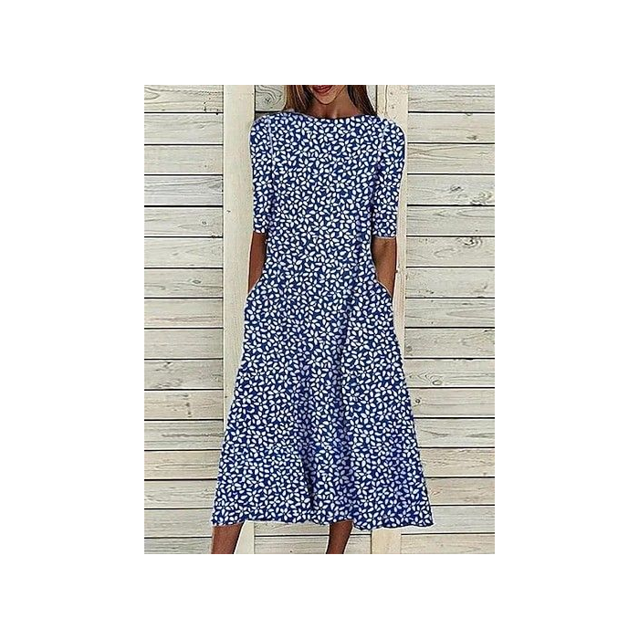 Women Floral Half Sleeve Summer Printing Dress Crew Neck Daily Casual Maxi A-Line Dress