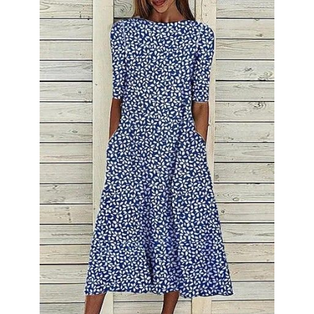 Women Floral Half Sleeve Summer Printing Dress Crew Neck Daily Casual Maxi A-Line Dress