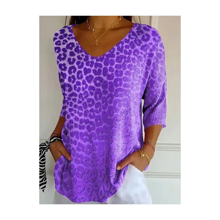 Women Leopard Three Quarter Sleeve Tee T-shirt V Neck Printing Casual Graphic Tee Spring/Fall Top