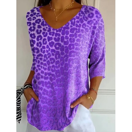 Women Leopard Three Quarter Sleeve Tee T-shirt V Neck Printing Casual Graphic Tee Spring/Fall Top