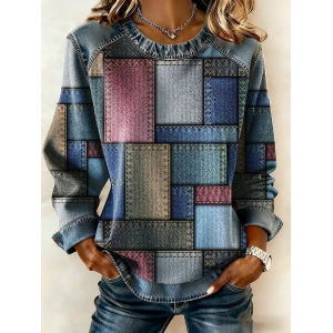 Women Abstract Crew Neck Printing Vintage Spring/Fall Long Sleeve Sweatshirt