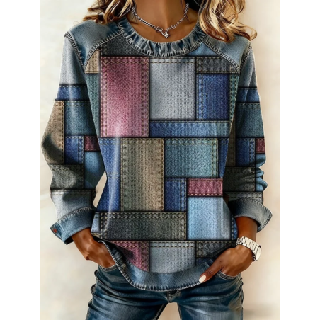 Women Abstract Crew Neck Printing Vintage Spring/Fall Long Sleeve Sweatshirt