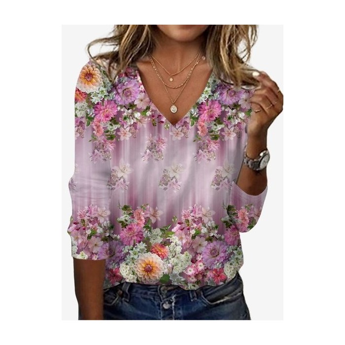 Women's Long Sleeve Tee T-shirt Spring/Fall Floral Jersey V Neck Daily Going Out Casual Top