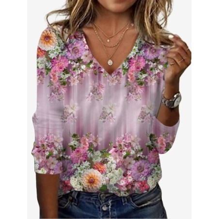 Women's Long Sleeve Tee T-shirt Spring/Fall Floral Jersey V Neck Daily Going Out Casual Top