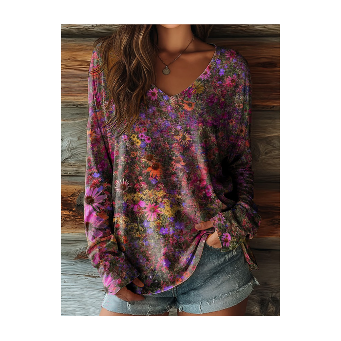 Women Floral Long Sleeve Tee T-shirt V Neck Printing Casual Graphic Tee Spring/Fall Top