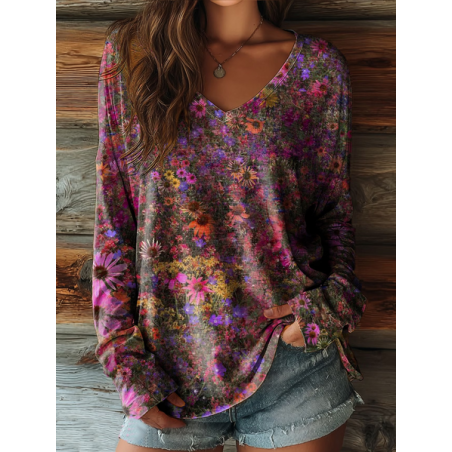Women Floral Long Sleeve Tee T-shirt V Neck Printing Casual Graphic Tee Spring/Fall Top