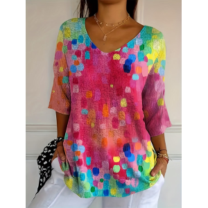 Women Abstract Three Quarter Sleeve Tee T-shirt V Neck Printing Casual Graphic Tee Spring/Fall Top