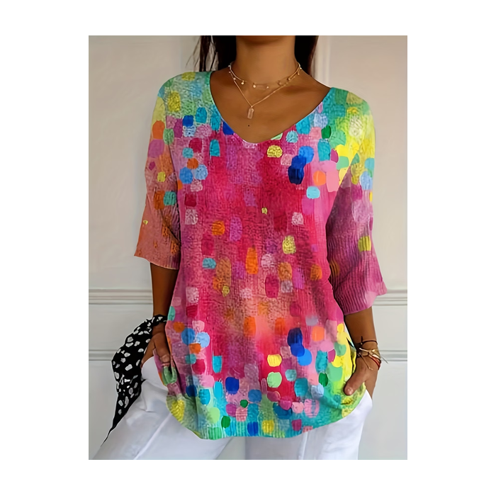 Women Abstract Three Quarter Sleeve Tee T-shirt V Neck Printing Casual Graphic Tee Spring/Fall Top