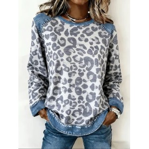 Women Leopard Crew Neck Printing Vintage Spring/Fall Long Sleeve Sweatshirt