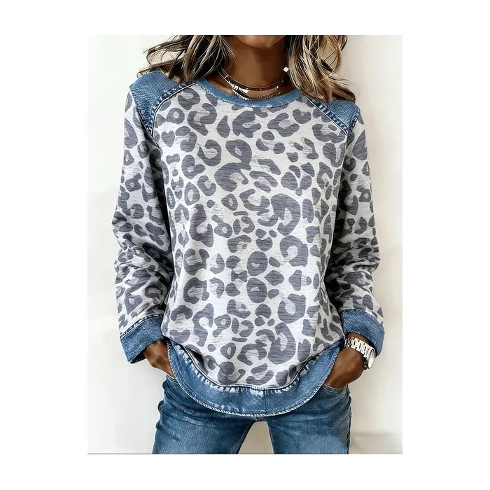 Women Leopard Crew Neck Printing Vintage Spring/Fall Long Sleeve Sweatshirt