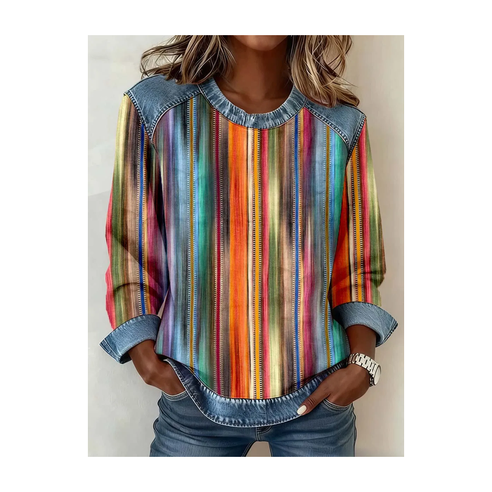 Women Abstract Stripes Crew Neck Printing Vintage Spring/Fall Long Sleeve Sweatshirt