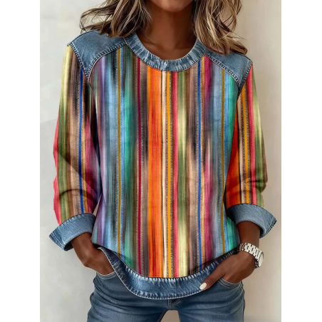 Women Abstract Stripes Crew Neck Printing Vintage Spring/Fall Long Sleeve Sweatshirt