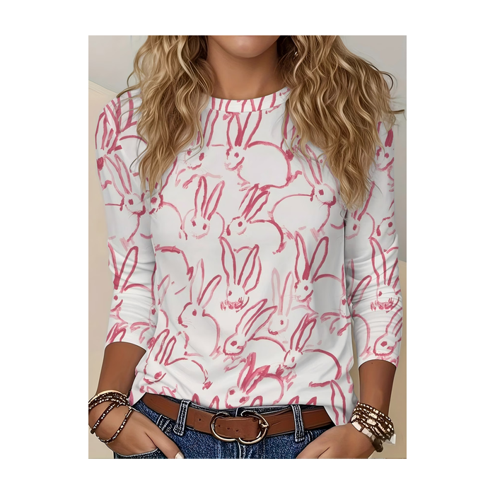 Women Easter (rabbit) Long Sleeve Tee T-shirt Crew Neck Printing Casual Graphic Tee Spring/Fall Top