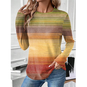 Women Abstract Stripes Long Sleeve Tee T-shirt Crew Neck Printing Casual Graphic Tee Spring/Fall Top