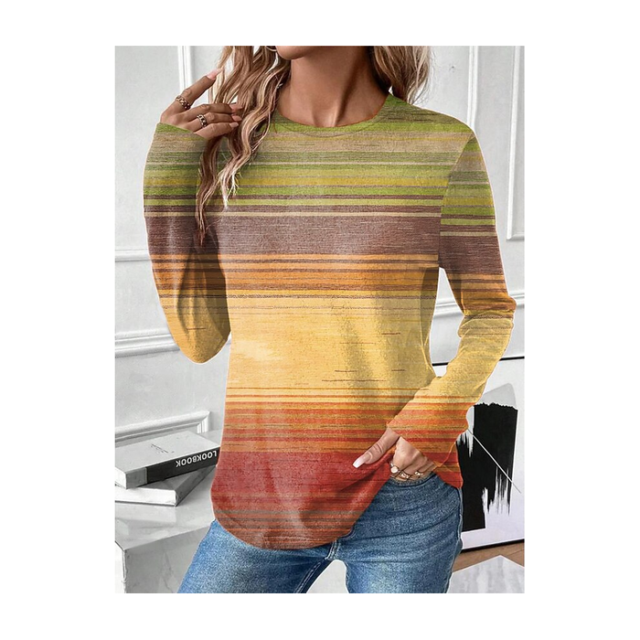 Women Abstract Stripes Long Sleeve Tee T-shirt Crew Neck Printing Casual Graphic Tee Spring/Fall Top