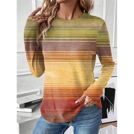 Women Abstract Stripes Long Sleeve Tee T-shirt Crew Neck Printing Casual Graphic Tee Spring/Fall Top