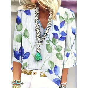 Women's Floral Three Quarter Sleeve Blouse_ Spring/Fall Printing V Neck Daily Casual Top