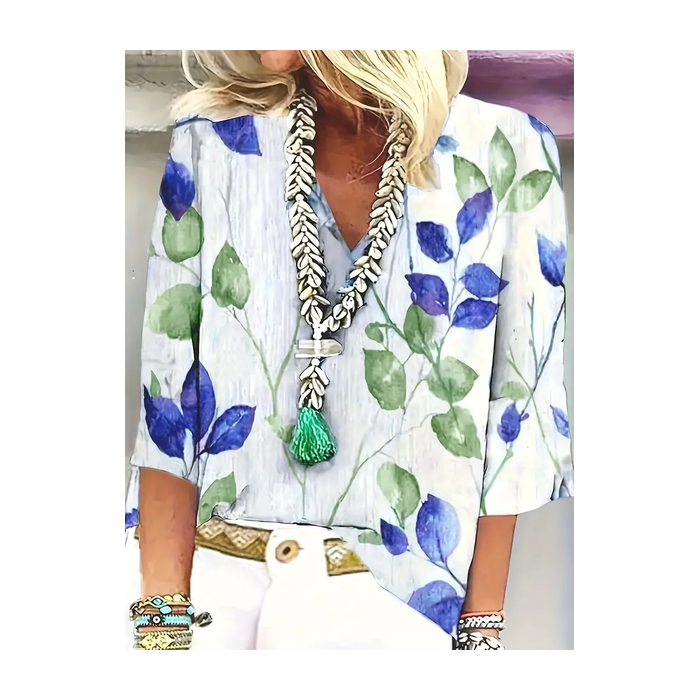 Women's Floral Three Quarter Sleeve Blouse_ Spring/Fall Printing V Neck Daily Casual Top