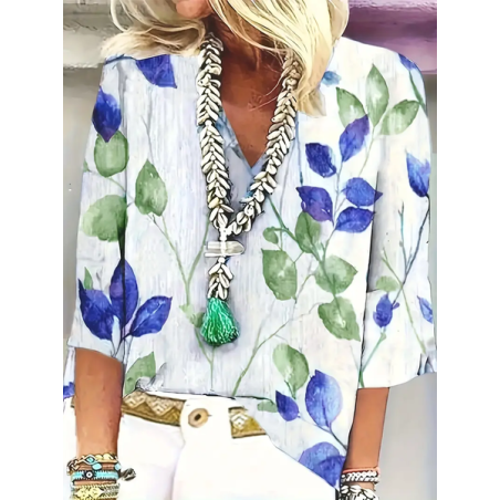 Women's Floral Three Quarter Sleeve Blouse_ Spring/Fall Printing V Neck Daily Casual Top
