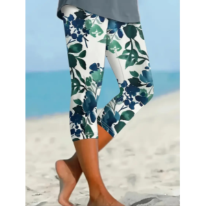 Women's Floral Capris Elastic Waist Pant Casual Summer Trousers