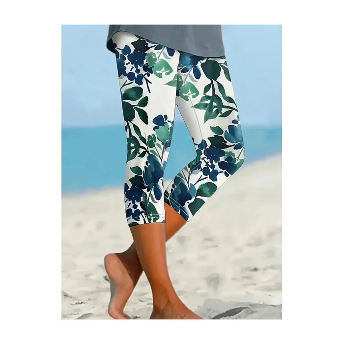 Women's Floral Capris Elastic Waist Pant Casual Summer Trousers