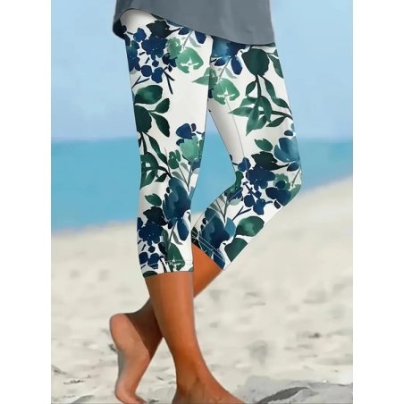 Women's Floral Capris Elastic Waist Pant Casual Summer Trousers