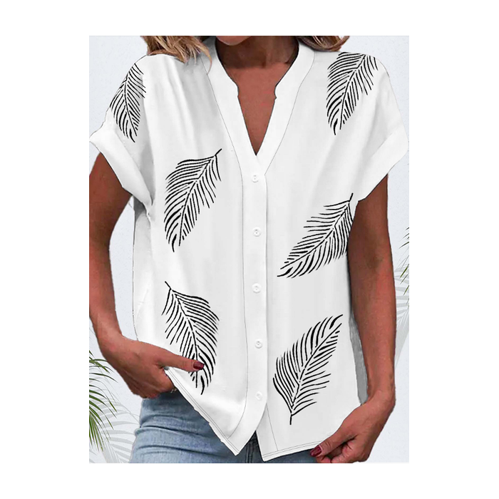 Women Feather Short Sleeve Shirt Summer Buckle V Neck Daily Casual Top