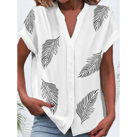Women Feather Short Sleeve Shirt Summer Buckle V Neck Daily Casual Top
