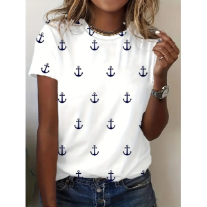 Women's Short Sleeve Tee T-shirt Summer Anchor Printing Crew Neck Casual Graphic Tee Top