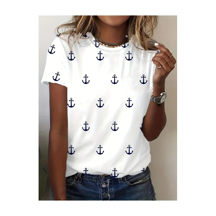 Women's Short Sleeve Tee T-shirt Summer Anchor Printing Crew Neck Casual Graphic Tee Top