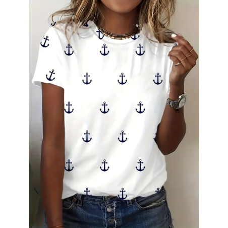 Women's Short Sleeve Tee T-shirt Summer Anchor Printing Crew Neck Casual Graphic Tee Top