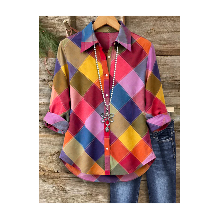 Women Multicolor Block Shirt Collar Long Sleeve Shirt Buckle Regular Sleeve Casual Daily Spring/Fall Top