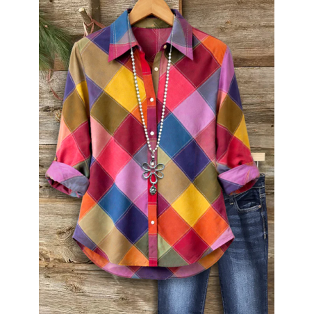 Women Multicolor Block Shirt Collar Long Sleeve Shirt Buckle Regular Sleeve Casual Daily Spring/Fall Top