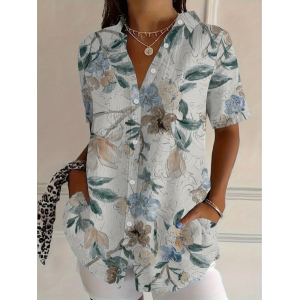 Women Floral Shirt Collar Short Sleeve Shirt Printing Casual Daily Summer Top