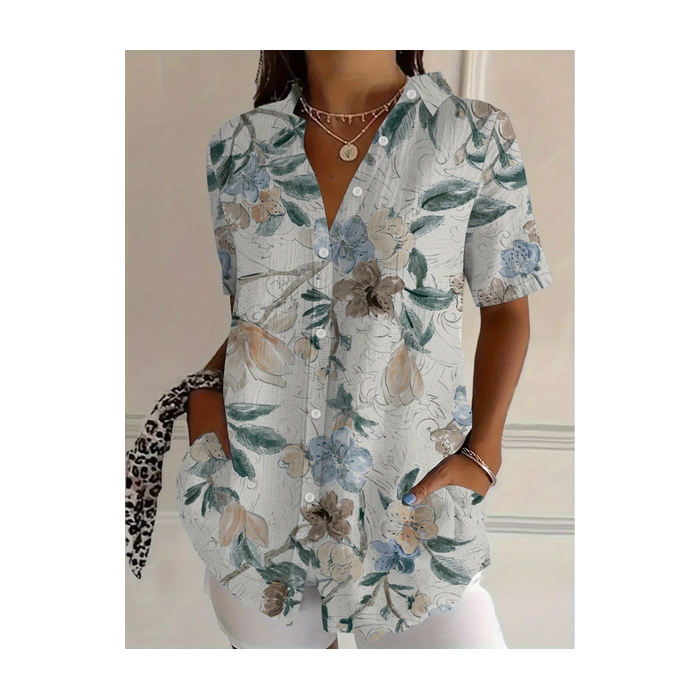 Women Floral Shirt Collar Short Sleeve Shirt Printing Casual Daily Summer Top