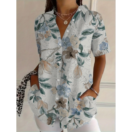 Women Floral Shirt Collar Short Sleeve Shirt Printing Casual Daily Summer Top
