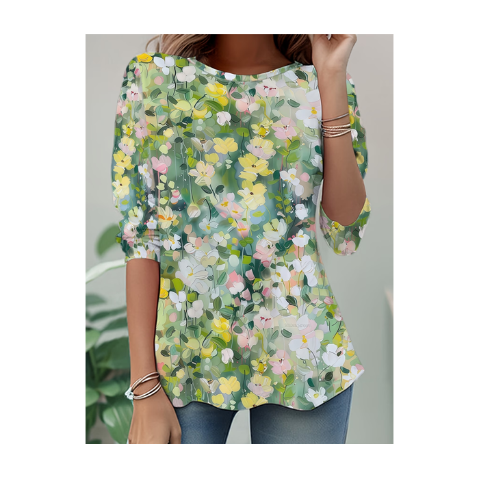 Women Floral Long Sleeve Tee T-shirt Crew Neck Printing Casual Tunic Spring/Fall Top
