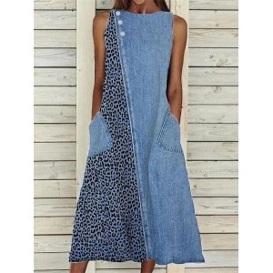 Women Leopard Sleeveless Summer Printing Dress Crew Neck Daily Casual Maxi Fit & Flare Dress H-Line Dress